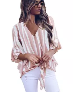 Azura Exchange Pink Vertical Stripes V Neck 3/4 Sleeve Blouse L розовый