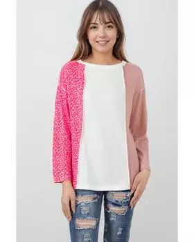 Azura Exchange Pink Waffle Knit Exposed Seam Leopard Colorblock Print Top S розовый
