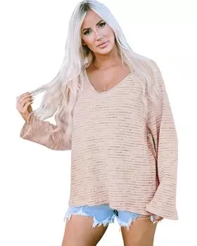 Azura Exchange Розовый вафельный трикотажный топ с длинными рукавами и V-образным вырезом с бахромой XL розовый