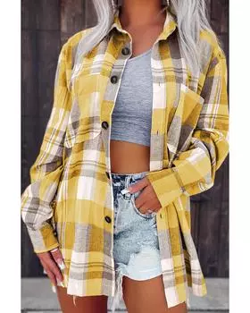 Azura Exchange Plaid Button Up Patch Pocket Shirt L жёлтый