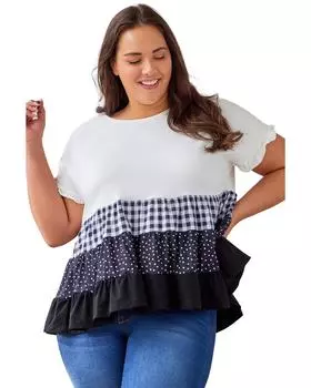 Azura Exchange Plaid Dot Ruffled Plus Size Babydoll Top 1X белый