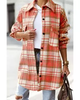 Azura Exchange Plaid Flap Pocket Long Sleeve Shacket M красный