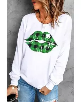 Azura Exchange Plaid Lip Clover Graphic Print Sweatshirt 2XL белый