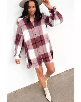 Azura Exchange Plaid Pattern Collared Neck Ruffled Sleeve Shirt Dress M коричневый