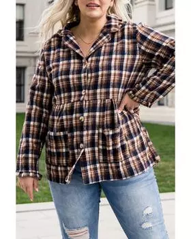 Azura Exchange Plaid Print Button-up Turn Down Collar Coat 3X жёлтый