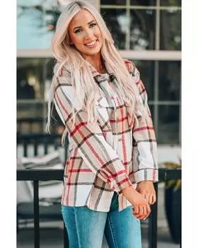 Azura Exchange Plaid Print Buttoned Shirt Coat with Pocket M хаки