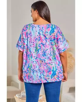 Azura Exchange Plant Print V Neck T-shirt 2X небесно-голубой