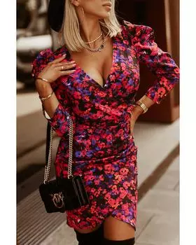 Azura Exchange Платье-футляр с цветочным принтом и V-образным вырезом M чёрный