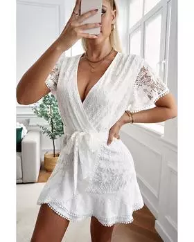 Azura Exchange Платье-халат с цветочным кружевом и рукавами-крылышками L белый