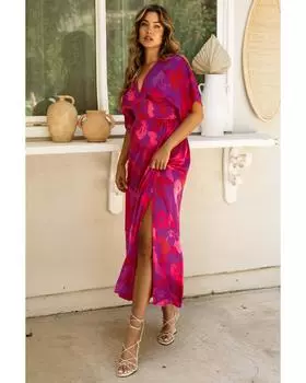 Azura Exchange Платье макси с цветочным принтом и V-образным вырезом M ярко-розовый