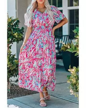 Azura Exchange Платье макси с цветочным принтом и V-образным вырезом S красный