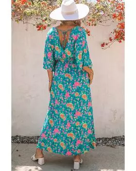 Azura Exchange Платье макси с глубоким V-образным вырезом и цветочным принтом M зелёный