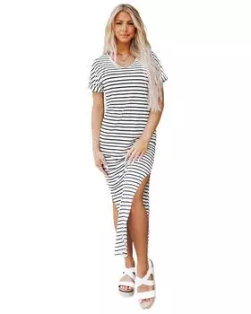 Azura Exchange Платье макси с полосатым принтом и разрезом по бокам S чёрный