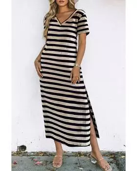 Azura Exchange Платье макси с полосатым принтом, V-образным вырезом и разрезами по бокам M чёрный