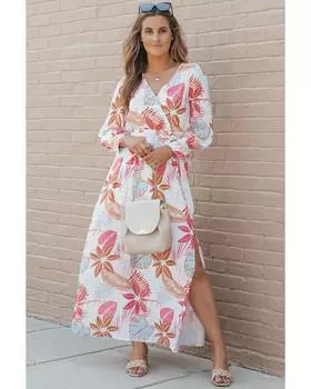 Azura Exchange Платье-макси с запахом и принтом тропических растений XL красный