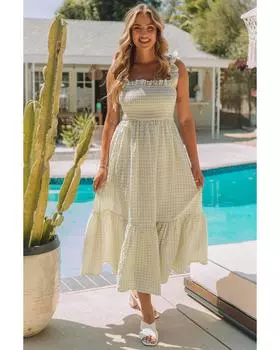 Azura Exchange Платье макси в клетку с оборками на рукавах L хаки