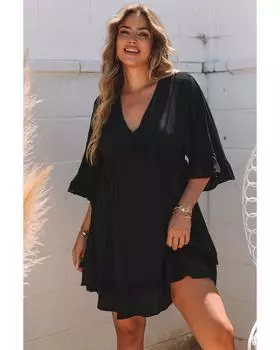 Azura Exchange Платье-мини с V-образным вырезом и оборками на рукавах XL чёрный