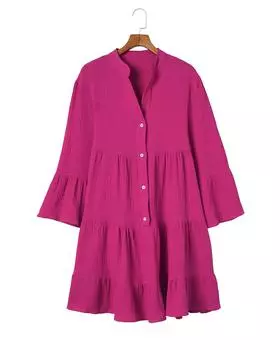 Azura Exchange Платье-рубашка с жатым ярусом M ярко-розовый