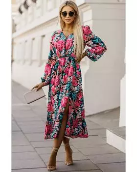 Azura Exchange Платье с цветочным узором, V-образным вырезом, высокой талией и разрезом XL красный