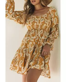 Azura Exchange Платье с длинными рукавами и цветочным узором пейсли S жёлтый