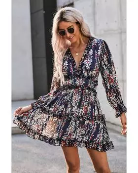 Azura Exchange Платье с открытой спиной и цветочным принтом и оборками L синий