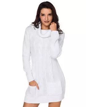 Azura Exchange Платье-свитер с косой вязкой и воротником-хомут L белый