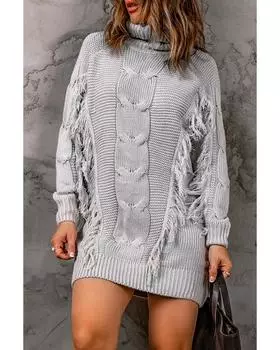 Azura Exchange Платье-свитер с высоким воротом и бахромой L серый