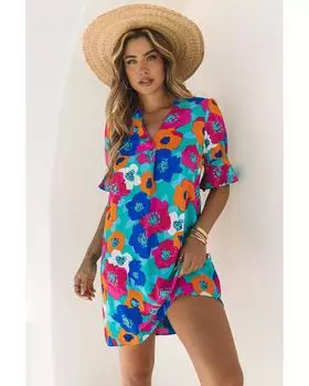Azura Exchange Платье-трапеция с цветочным принтом и оборками на рукавах S разноцветный