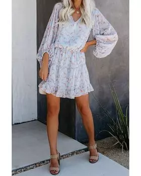 Azura Exchange Платье-туника с цветочным V-образным вырезом и рукавами-фонариками S небесно-голубой