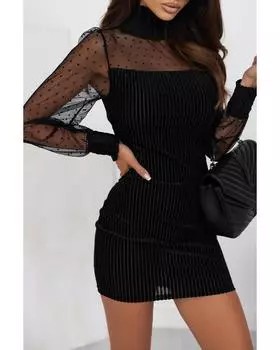 Azura Exchange Платье в полоску с сеткой в горошек и оборками на шее с рукавами-фонариками L чёрный