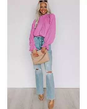 Azura Exchange Pleated Flared Cuff Long Sleeve Blouse L розовый