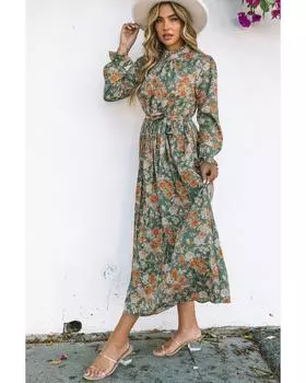 Azura Exchange Pleated Long Sleeve Maxi Floral Dress with Tie 2XL зелёный
