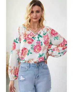 Azura Exchange Pleated Puff Sleeve Blouse with V Neck and Floral Design S белый