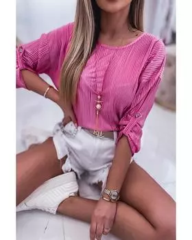 Azura Exchange Блузка с плиссированной текстурой и рукавами-рубашками M ярко-розовый