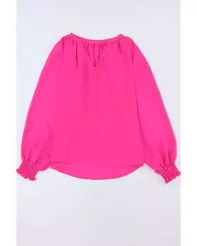Azura Exchange Pleated V Neck Puffy Sleeve Blouse XL ярко-розовый