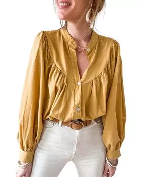 Azura Exchange Pleated Yellow Puff Sleeve Loose Shirt L жёлтый