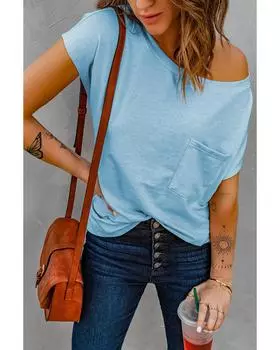 Azura Exchange Трикотажная футболка с карманами и боковыми разрезами S небесно-голубой