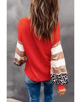 Azura Exchange Polka Dot Pumpkin Print Contrast Puff Sleeve Top M красный