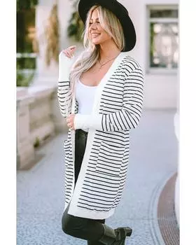 Azura Exchange Полосатый кардиган с открытым передом и боковыми карманами M белый