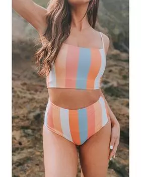 Azura Exchange Полосатый купальник бикини с высокой талией XL оранжевый