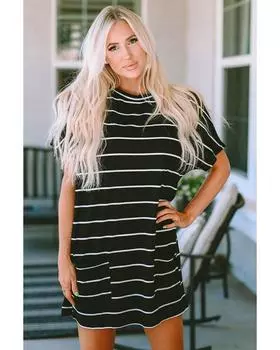 Azura Exchange Полосатый принт, боковые карманы, короткий рукав, туника, топ S чёрный