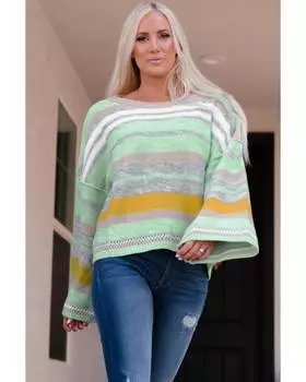 Azura Exchange Полосатый свитер с рукавами-колокольчиками S зелёный