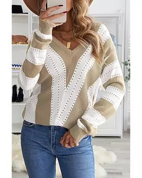 Azura Exchange Полосатый вязаный свитер с V-образным вырезом Color Block 2XL хаки