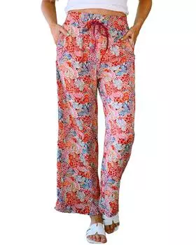 Azura Exchange Print Drawstring Smocked High Waist Pants M красный