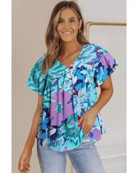 Azura Exchange Print Flutter Sleeve Blouse L небесно-голубой