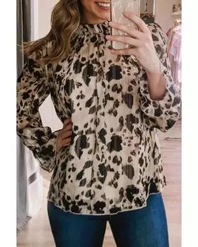 Azura Exchange Printed Bubble Sleeves Blouse with Frilled Neck S абрикосовый