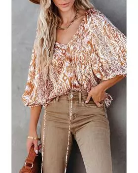 Azura Exchange Блузка с принтом, завязками на шее и рукавами 3/4 M коричневый