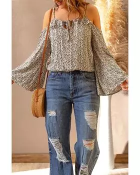 Azura Exchange Printed Frilled Cold Shoulder Bell Sleeve Blouse 2XL бежевый