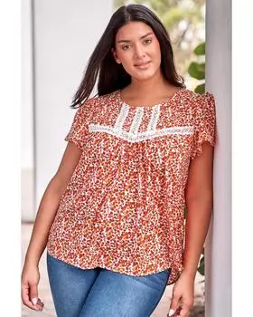 Azura Exchange Printed Lace Trim Plus Ruffle Sleeve Blouse 1X красный