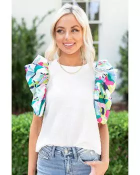 Azura Exchange Printed Puff Sleeve Textured Top S белый